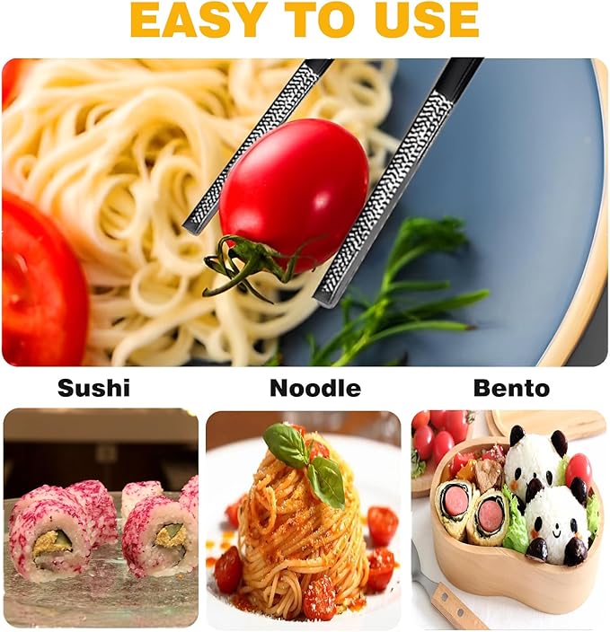 Metal Chopsticks Reusable 1 Pair Stainless Steel Travel Chopsticks Dishwasher Safe Square Lightweight Non-Slip Chop Sticks with case (Black)