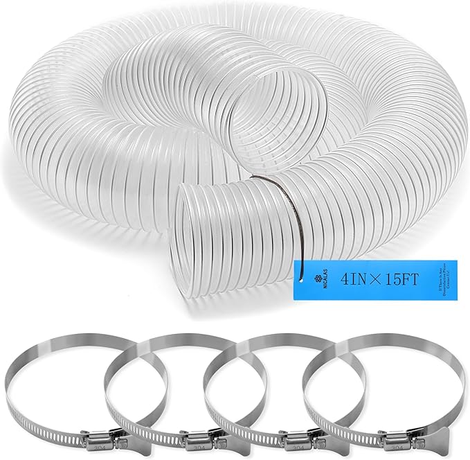 4"x15'Dust Collection Hose,4 Inch Dust Collection Tube with 304 Stainless Steel Hose Clamps,PVC 4 Collector Flexible Tube- Puncture Resistant(4"x15')