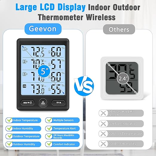 Geevon Indoor Outdoor Thermometer Wireless 3 Remote Sensors, 5-Inch Display Digital Hygrometer Thermometer Temperature Humidity Monitor with 8S Backlight, Battery-Powered (Black)