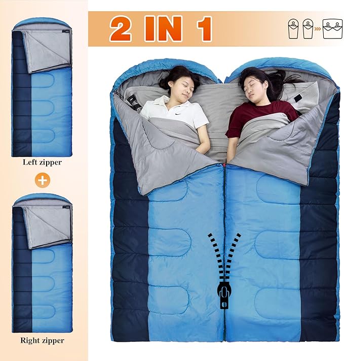 XL 10 Degree Sleeping Bags Waterproof for Adults 350GSM Machine Washable with Compression Sack for 3-4 Season Camping Outdoor