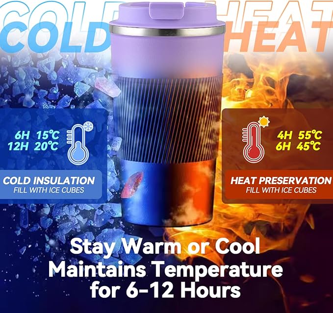 12OZ Travel Coffee Mug Insulated Coffee Cup with Spill Leak Proof Lid, Portable Stainless Steel Tumbler Reusable Hot and Cold Water Mug for Car, Daily, Camping- Purple