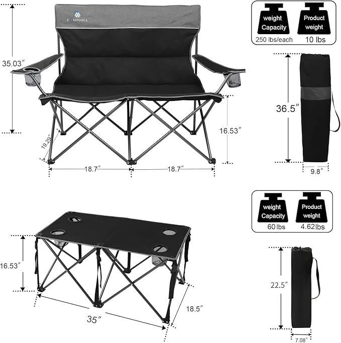 Camping Chair Set of 3, Outdoor Folding Camping Chairs for Heavy People with Cup Holder & Carry Bag,Collapsible Chair Include One Sofa Chair and Two Single Chair,Support up to 500lbs