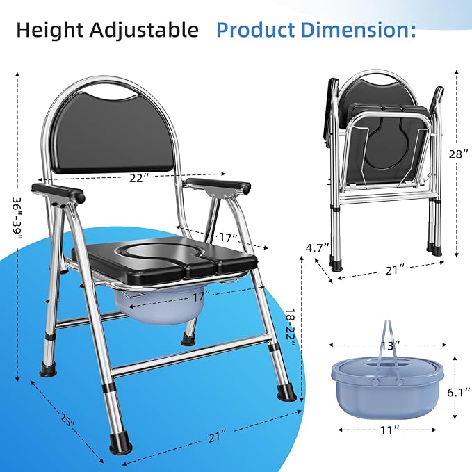 4 in 1 Folding Bedside Commode Chair for Elderly with Arms and Back,Adjustable Height Raised Toilet Seat with Handles,Adults Potty Chair for Seniors,Disabled Holds Up to 350 lbs (PU Soft Seat)
