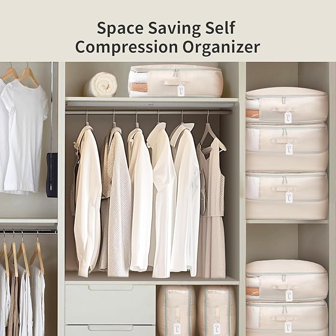 DIMJ Comforter Storage Bag 4 Pack - Blanket Storage Organizer Compression Bags, Large Capacity Ultra Space Saving Self Compression Organize for Bedding, Pillow, Duvet, Sheet Storage with Zipper Window