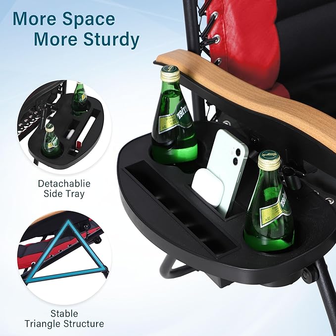 MFSTUDIO Zero Gravity Chairs, Oversized Patio Recliner Chair, Padded Folding Lawn Chair with Cup Holder Tray, Support 400lbs, Red