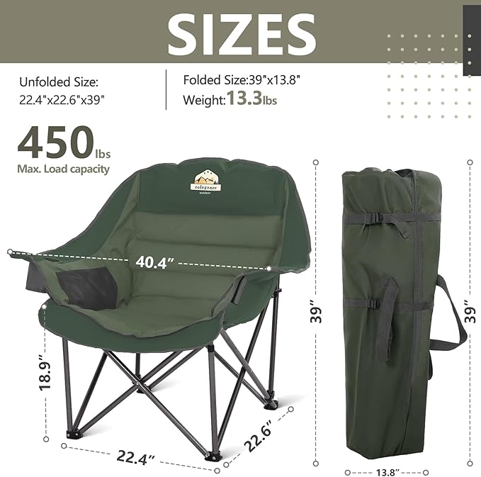 Oversized XL Padded Camping Chair Wide Heavy Duty Lawn Chairs Support 450 LBS Portable Folding Gaint Plus Camp Chair with Side Pocket Cup Holder for Outdoor Outside Sports Baseball-Green