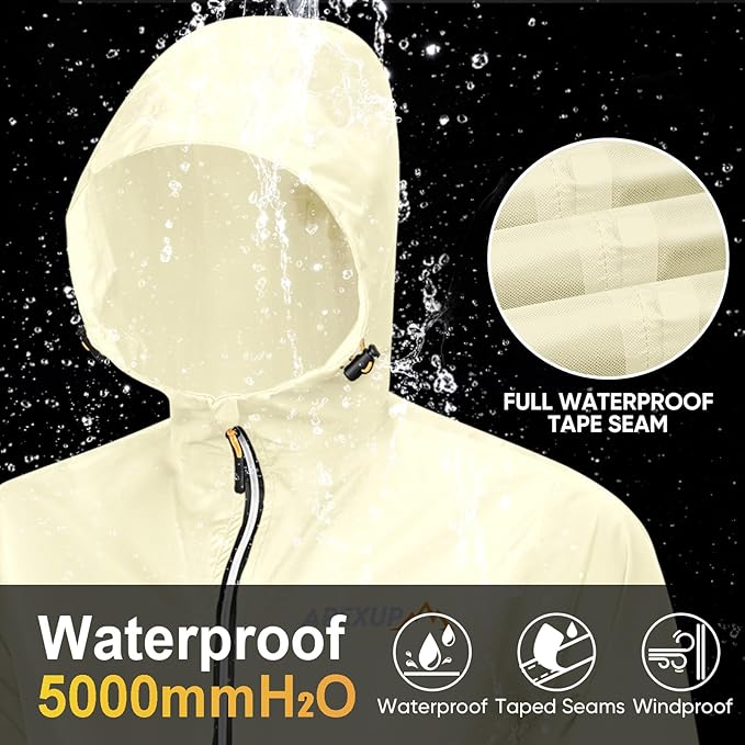 APEXUP Packable Rain Jacket Men with Reflective Zipper, Lightweight Waterproof Raincoat, Mens Rain Jacket for Outdoor Sports