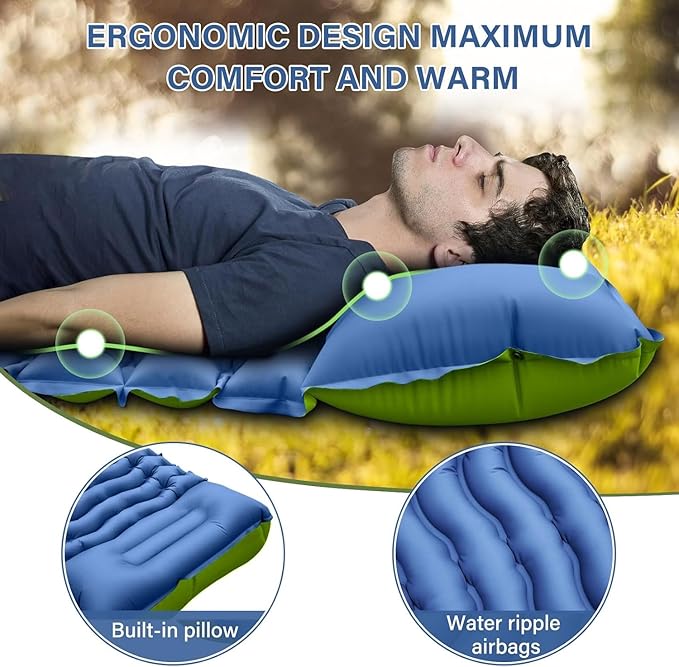 Camping Sleeping Pad, Ultralight Inflatable Sleeping Mat with Built-in Foot Pump & Pillow, Compact Air Mattress for Camping, Backpacking, Hiking, Tent - Blue