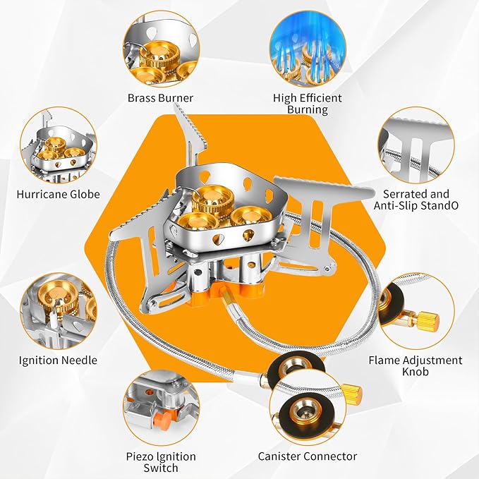 9900W Portable Windproof Camping Stove - High-Power Gas Stove with Piezo Ignition, 1LB Propane & Butane Adapters for Outdoor Cooking, Hiking, Camping & Picnics