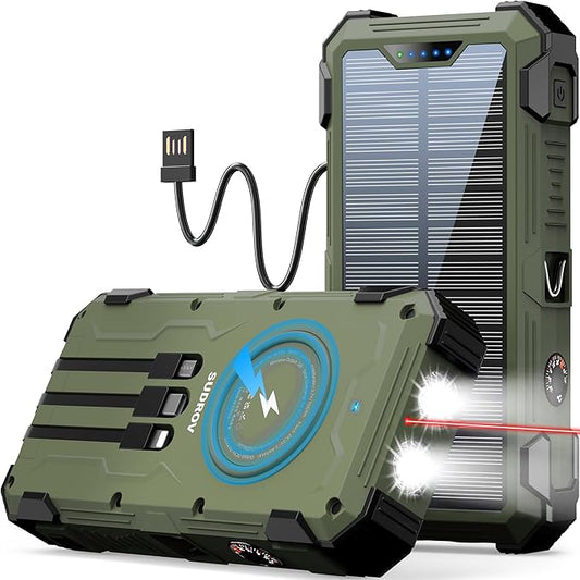 Army Green Solar Power Bank 42800mAh, 15W Wireless Portable Charger with Built-in Cables, 5 Outputs & 3 Inputs, Outdoor Battery Pack with LED Flashlight, Fast Charging for iPhone, Samsung, iPad