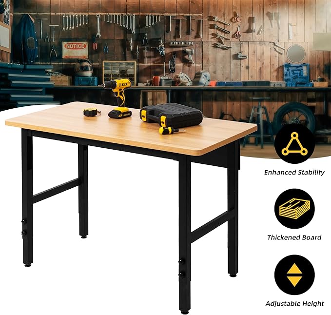 48" Adjustable Workbench, Work Table for Garage, 2000 LBS Capacity Hardwood Work Bench, Heavy Duty Table for Workshop, Office, Garage, Home