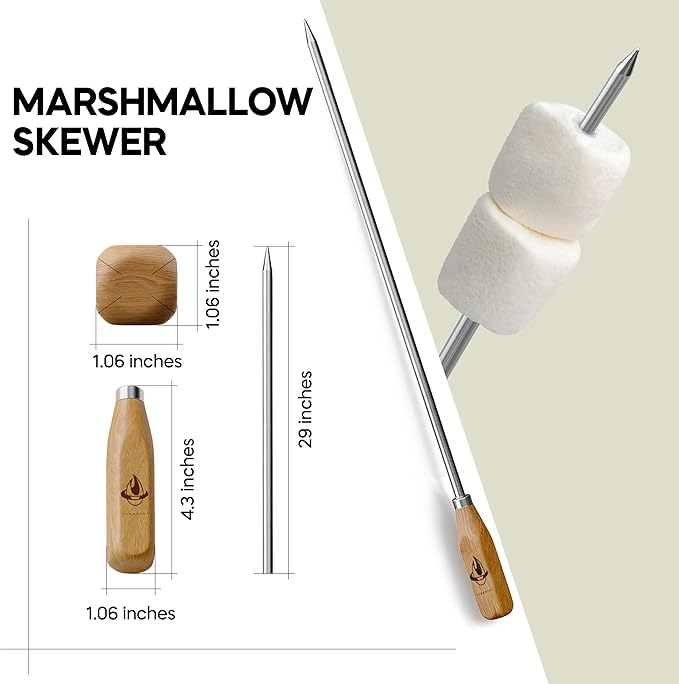 Marshmallow Sticks for Fire Pit - 34" Extra Long Roasting Smores Stick - Campfire Metal Skewers Roast Hot Dog Corn BBQ Utensil Holder Kit Outdoor Camping Accessories with Wooden Handle (10-Pack)