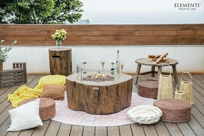 Elementi | Bundle Manchester Gas Fire Pit Cast Concrete Semi-Round Fire Table, Outdoor Fire Pit Electronic Ignition | Canvas Cover, Lava Rock Included | Red Wood | Natural Gas