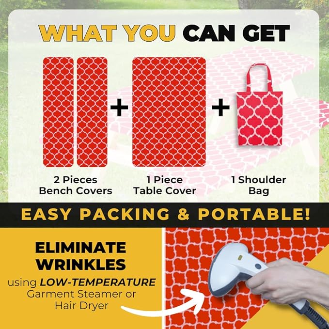 RNOONY 8ft Vinyl Picnic Table Cover with Bench Covers,3PCS Tablecloth with Moroccan Design, Camping Tablecloth and Travel Accessories, Flannel Backing with Elastic Edges,96x30 Inches (Red Moroccan)