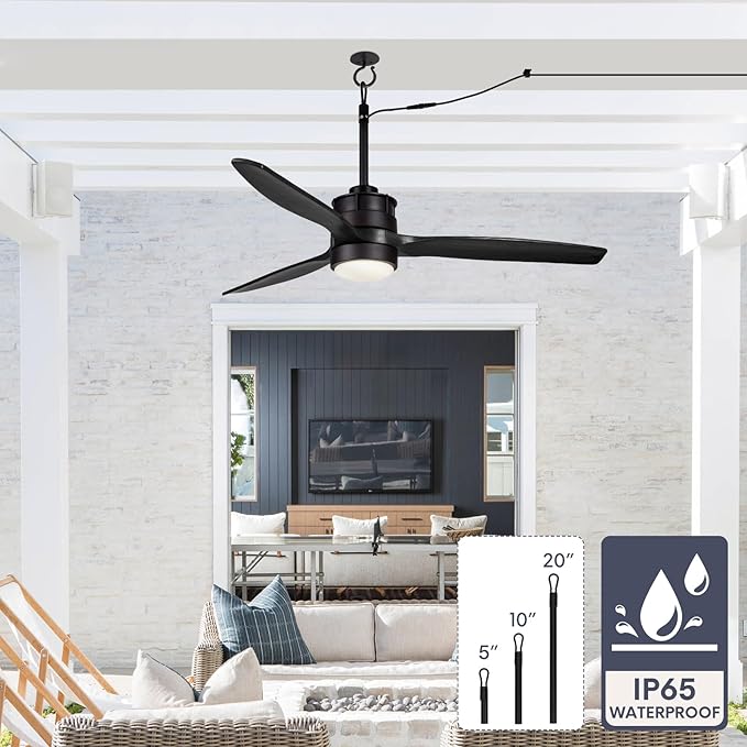 EKIZNSN 42“ Wet Rated Gazebo Ceiling Fans Outdoor Hanging for Patios Waterproof, Pergola Ceiling Fan with Light, Hook Installation, Black