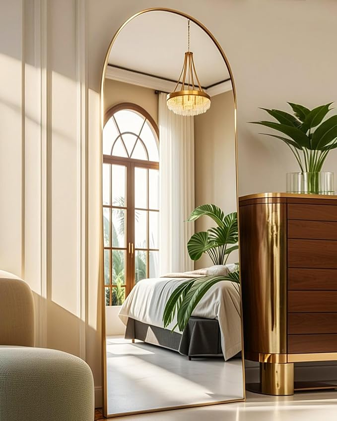 58"x18" Arched Full Length Mirror, Floor Mirror with Stand, Freestanding,Wall Mounted Hanging or Leaning Arched-Top Full Body Mirror for Bedroom, Dressing Room -Gold