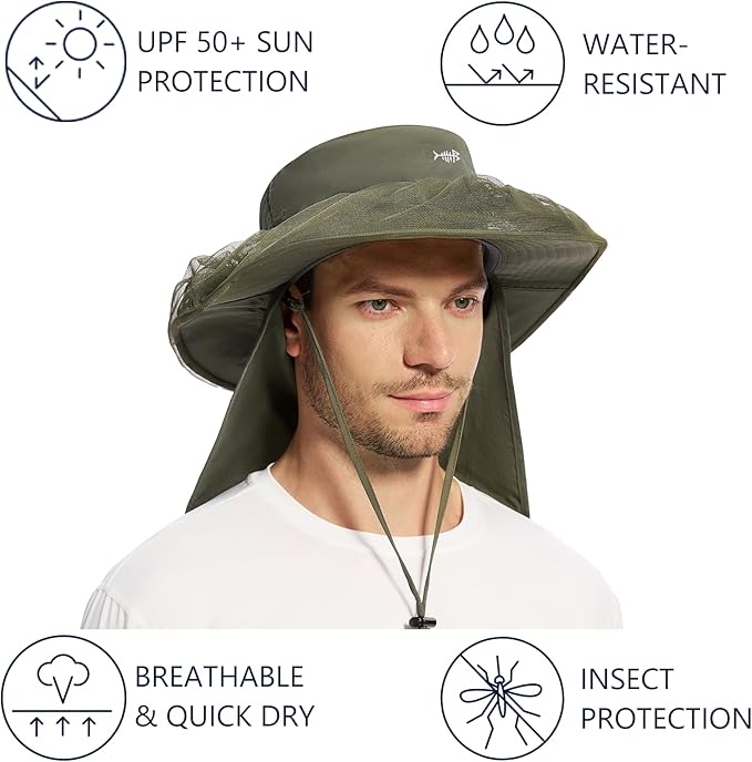 BASSDASH UPF 50+ Mosquito Net Hat with Stowable Neck Flap for Men Women Outdoor Fishing Hiking Camping Gardening FH17