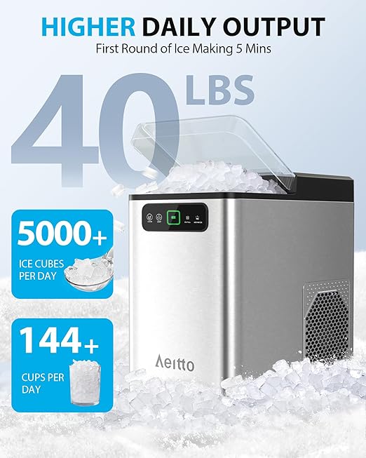 Aeitto Nugget Ice Maker Countertop, Pellet Ice Machine Soft Chewable Ice 40lbs/Day, One-Click Operation, Auto Self-Cleaning Crushed Ice Makers Stainless with Scoop for Home/Kitchen/Office (Silver)