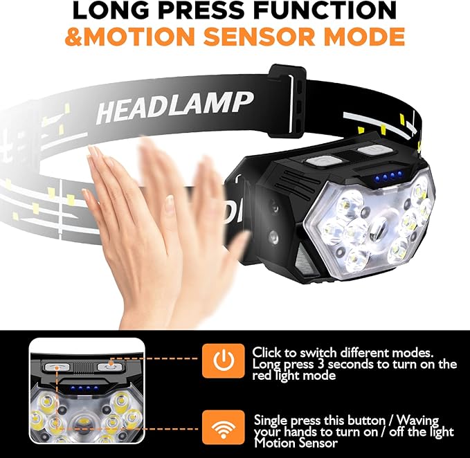 9 LED Headlamp Rechargeable 1 Pack, 2000 Lumens Super Bright Head Lamp with Red Light, 10 Modes, Motion Sensor and Adjustable, IPX5 Waterproof Headlight for Camping Hiking Running