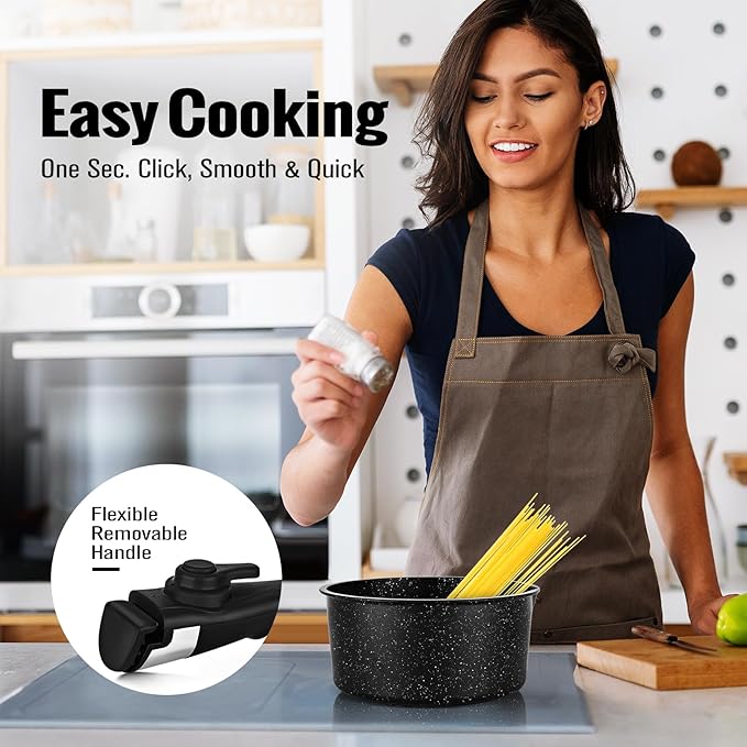 18 Pcs Nonstick Pots and Pans Set with Detachable Handle, Induction Compatible Oven Safe RV Cookware Set, No PFOA (BLACK)