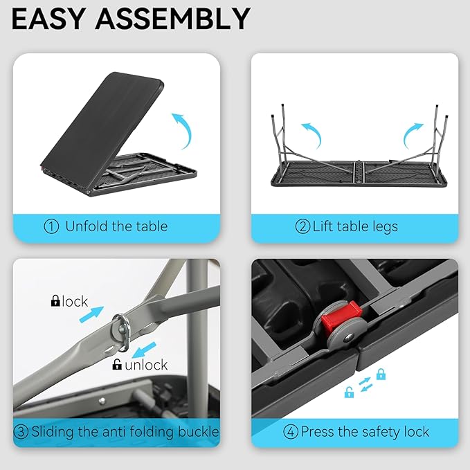 6ft Heavy Duty Portable Folding Table - Plastic Dining Table Indoor/Outdoor Black Plastic Table for Parties, BBQs, and Camping