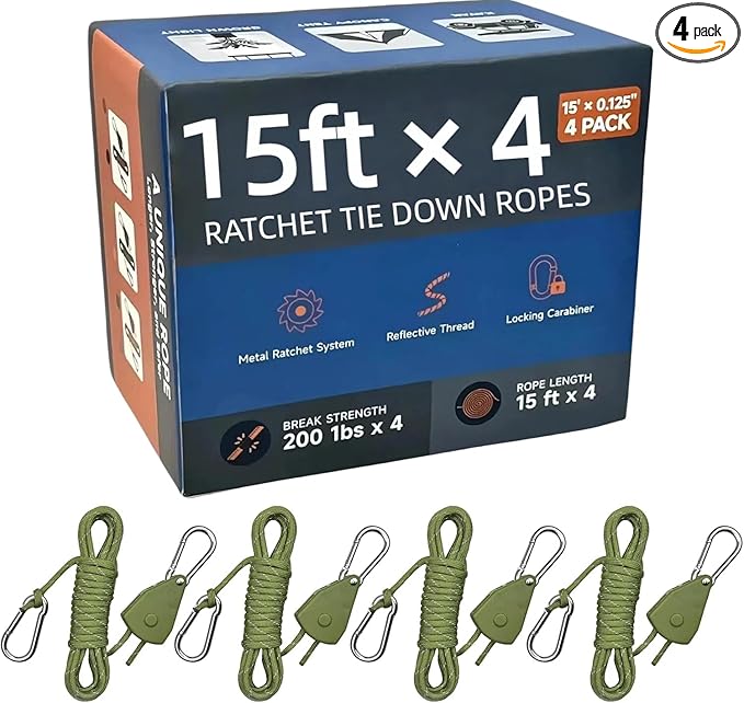 15ft Ratchet Straps Ropes Tie Down Rope Strap Small Mini Reflctive Outdoor Windproof Rope Roller Adjustable Camping Tent Hanger Grow Light Kayak Paracord 4 Pack 5/32"