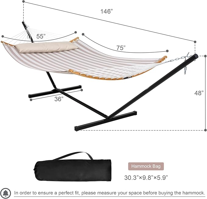 2 Person Hammock with Stand Included, Outdoor Quick Dry Hammock with Curved Spreader Bars, Pillow and Carrying Bag, 450 Lbs Capacity, Light Brown Stripe
