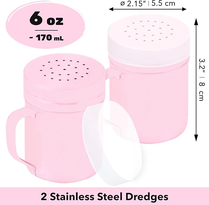 CUSINIUM 6oz Pink Stainless Steel Salt Pepper Dredge Shakers - With Plastic Cap - With Handle - Pack of 2