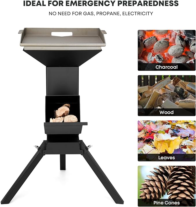 Stanbroil 3 in 1 Rocket Stoves with Grill Rack, Griddle and Pot Cooking Stand, Heavy Duty Wood Burning Stoves for Cooking, Camping wood Stove Kit for Off-Grid Supply, Outdoor Grilling Event