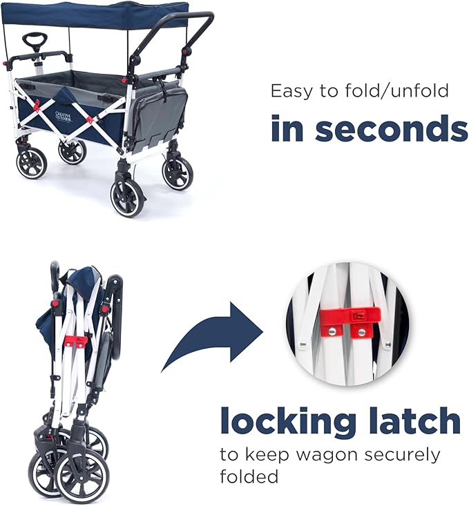 Creative Outdoor Wagon for Kids Push Pull Collapsible Stroller with Canopy Folding Cart | Titanium Series Plus | Beach, Park, Garden (Solid Navy Blue)