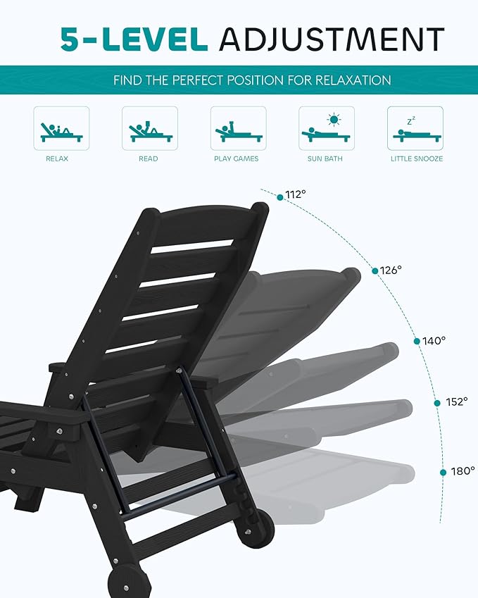 SERWALL Patio Chaise Lounge Chair Set of 2, 78'' Long 5-Positions Adjustable HDPE Outdoor Lounge Chair for Pool, Poly Lounge Chair with Rolling Wheels & Cup Holder for Poolside, Deck, Obsidian Black