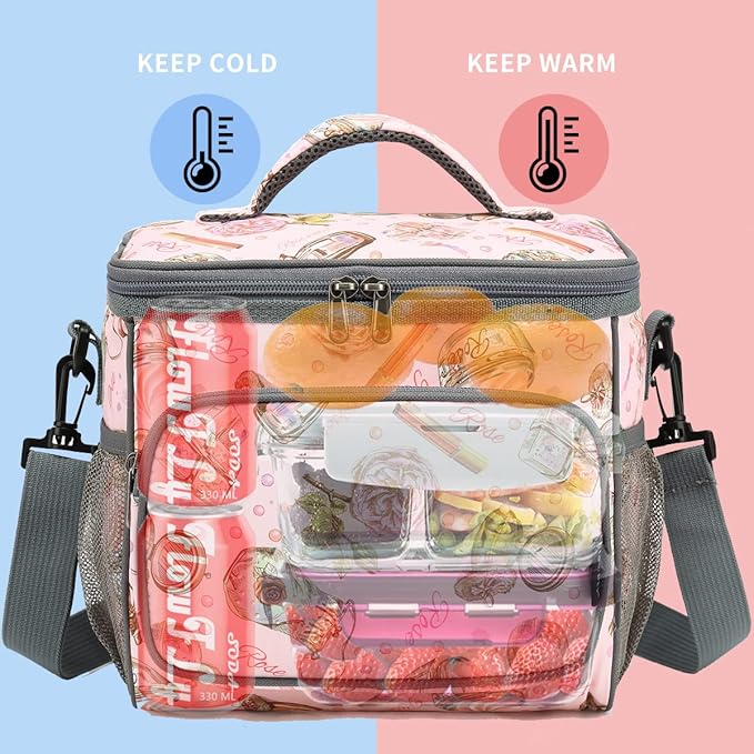 FlowFly Insulated Reusable Lunch Bag Adult Large Lunch Box for Women and Men with Adjustable Shoulder Strap,Front Zipper Pocket and Dual Large Mesh Side Pockets,Rose
