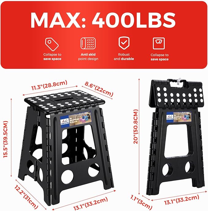 ACKO Folding Step Stool Foldable 16 Inch 400 lbs Capacity, Plastic Stools for Adults and Kids, Collapsible Stools for Kitchen, Stepping Stool with Handle, Black, 1 PC