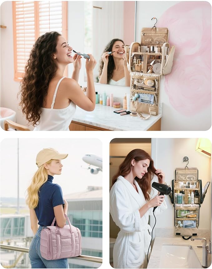 BAGSMART Toiletry Bag for Women with Hanging Hook, Puffy Water-resistant Makeup Cosmetic Bag for Accessories, Shampoo, Full-size Container, Toiletries, Beige