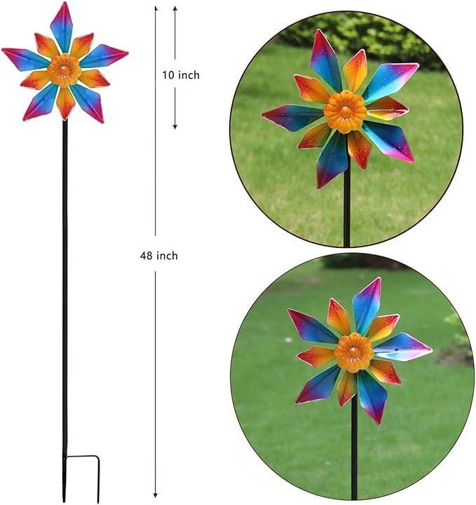 10" Small Metal Wind Spinner for Garden, 48" Tall Outdoor Flower Yard Decoration – Rainbow Gradient Petals, Weather-Resistant Garden Stake Spinner for Patio & Planter