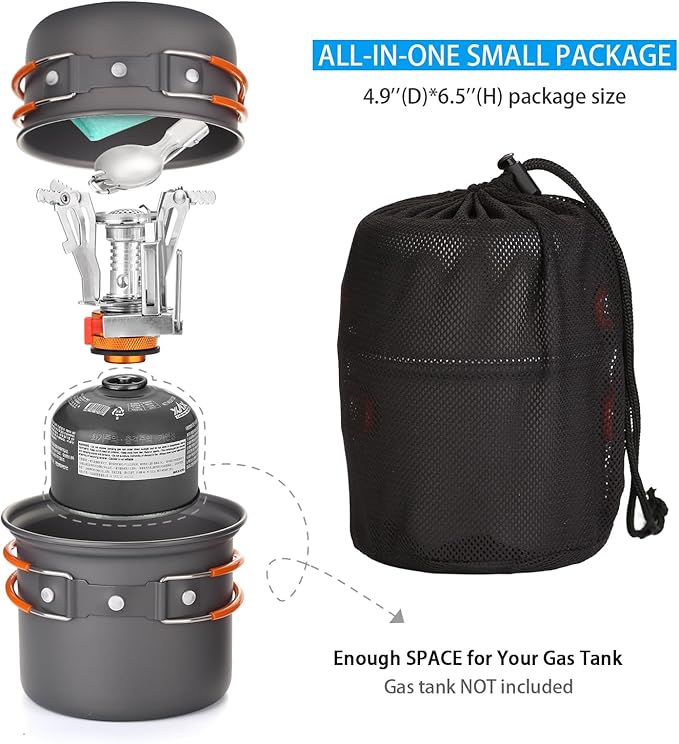 Odoland 6pcs Camping Cookware Mess Kit with Lightweight Pot, Stove, Spork and Carry Mesh Bag, Great for Backpacking Outdoor Camping Hiking and Picnic