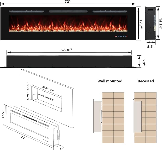 72" Electric Fireplaces Inserts, Recessed & Wall-Mounted Fireplace Heater with Thermostat, Multicolor Flames,Timer, Log & Crystal, 750/1500W