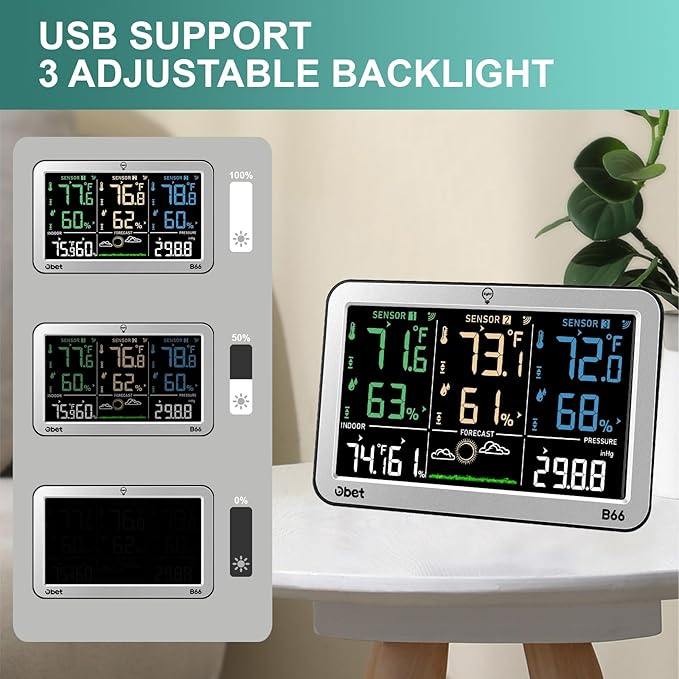 Weather Stations with 3 Sensors Indoor Outdoor Thermometer Wireless Large Display Adjustable Backlight with 500 feet Range Silver