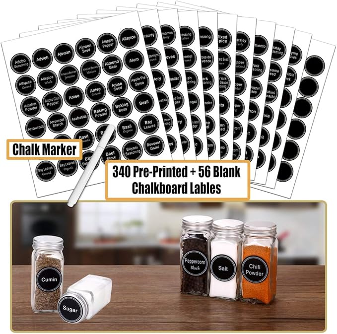 SWOMMOLY 42 Glass Spice Jars with 703 Spice Labels, Chalk Marker and Funnel Complete Set. 42 Square Glass Jars 4oz, Airtight Cap, Pour/sift Shaker Lid
