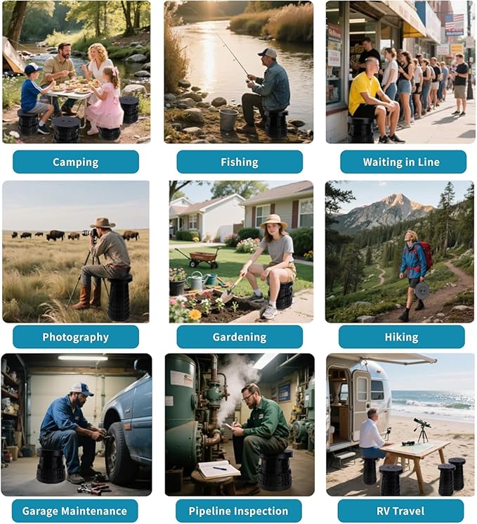 2025 Upgraded Collapsible Stool & 3IN1 Cushioned Carry Bag, Portable Telescopic Camping Chair, Adjustable Height Folding Step Stool Retractable Seat or Footrest for Outdoors & Indoor, Max 620lbs