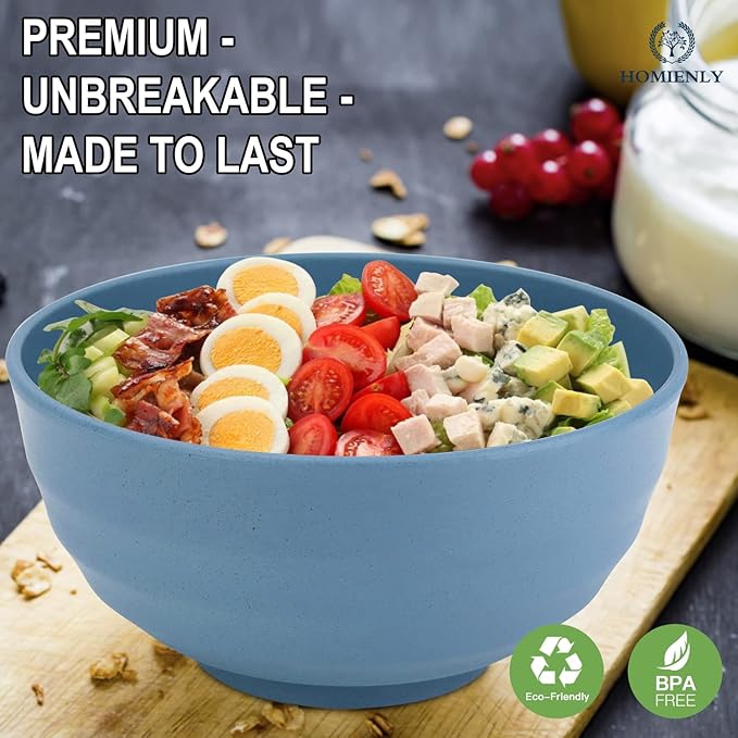 Homienly Wheat Straw Bowls, 60 OZ Salad Bowls,Large Serving Bowls Set of 8, Unbreakable Big Bowl for Kitchen,Ramen,Cereal,Salad,Serving Reusable, Microwave and Dishwasher Safe Bowl-Blue