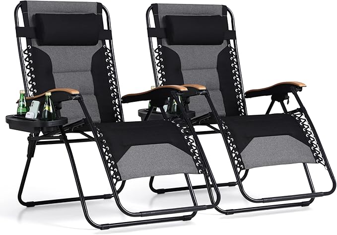 PHI VILLA XXL Oversized Padded Zero Gravity Chair, Foldable Patio Recliner, 30" Wide Seat Anti Gravity Lounger with Cup Holder, Set of 2, Support 400 LBS (Black)