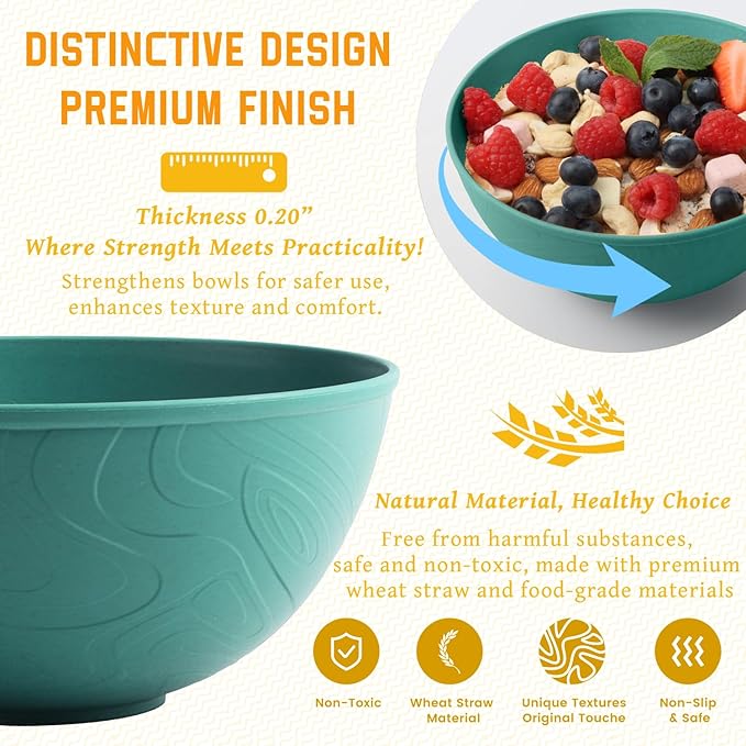 Homienly Wheat Starw Bowls, Bowl Set, Large Cereal Bowls, Serving Bowl Set of 6, Microwave and Dishwasher Safe, 40 OZ, Large Bowl for Salad, Soup, Ramen, Fruit,Dinner, Reusable, Stackable - Green