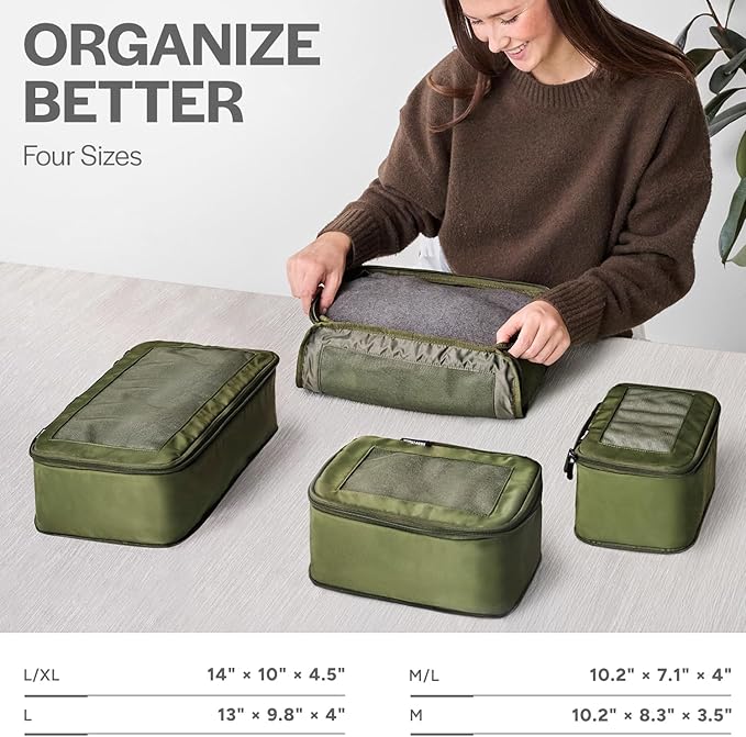 Compression Packing Cubes for Travel - Luggage Organizer Bags - Double Zipper Packing Cubes for Suitcases (4-Pack, Olive)