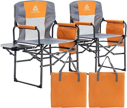 Wide Folding Director Chair with Table, Outdoor Camping Chair for Adults with Cup Holder Load 330 Lbs, Portable Lightweight Chair for Outside with Carry Bag for Patio, Orange-2Pack