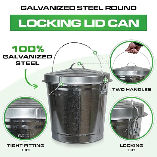 Plexon Metal Trash Can with Locking Lid Outdoor Storage Bucket for Bird Seed Ash Galvanized Steel 10-Gallon 3 Pack