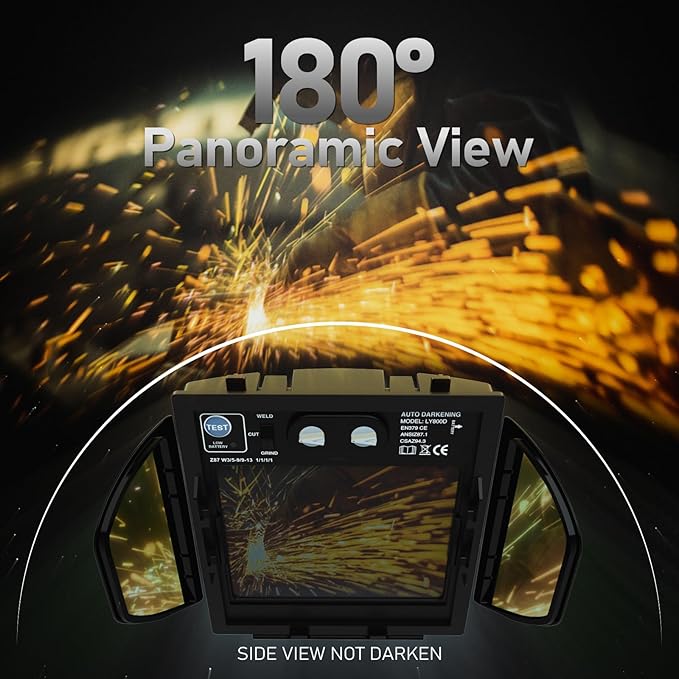 YESWELDER Auto Darkening Welding Helmet with SIDE VIEW, 180° Panoramic View, 1/1/1/1 True Color Solar Powered Welder Hood, Wide Shade 4/5-9/9-13 Welder Mask for TIG MIG ARC CUT and GRIND, LYG-Q800D