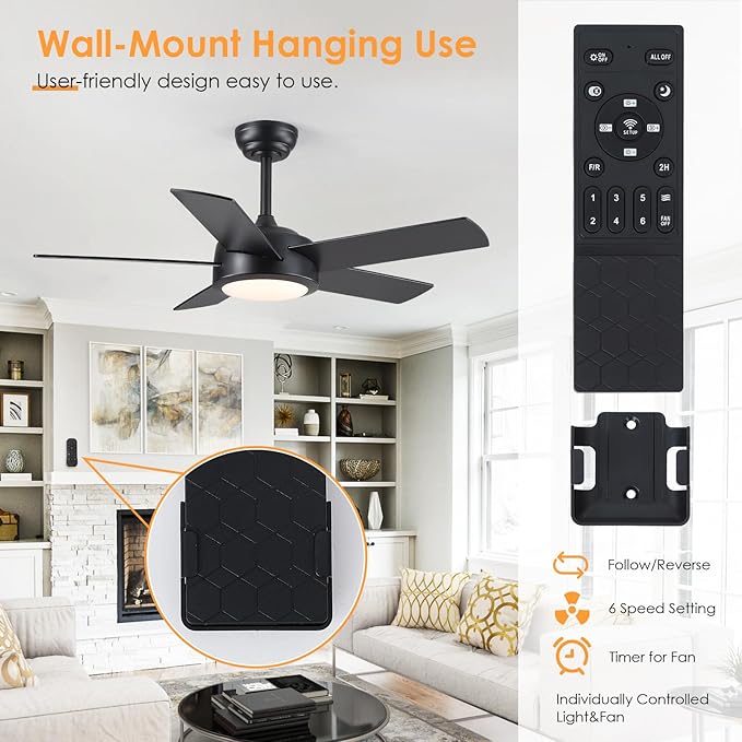 42" Black Ceiling Fans with Lights - Modern Low Profile Ceiling Fan with Lights and Remote Control, 5 Dual-Sided Blades, Reversible DC Motor, Ceiling Fan for Indoor and Outdoor