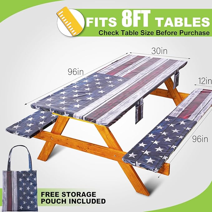 Fitted Picnic Table Cover with Bench Covers Waterproof Elastic Edges Rectangle Patio Tablecloth Outdoor Camping Essentials Stuff Rv Accessories Summer Trip Travel Supplies Party Camper Gifts, 8 ft
