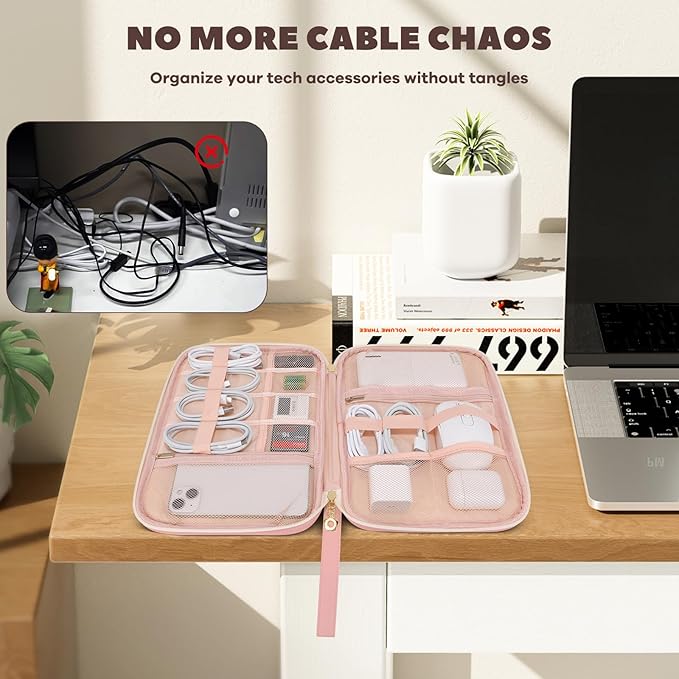 Electronics Organizer Travel Case, Charger Bag Cord Organizer Travel, Compact Tech Pouch Cable Organizer Bag for Charger, Cords, Phone, Headphones, Flash Drive, SD Card (Pink, Large-Single Layer)